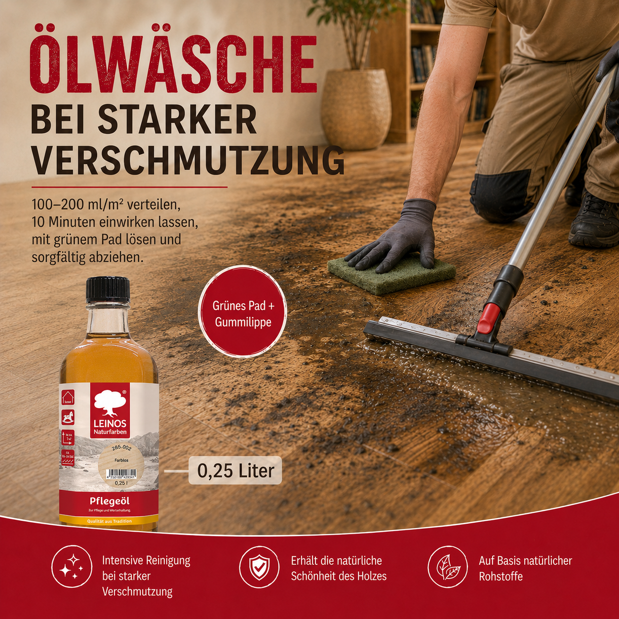 LEINOS Pflegeöl 285 | 0,25 L farblos (002) | Für alle geölten & gewachsten Holz-, Kork- & Linoleumflächen | Schutz gegen Laufstraßen | Seidenmatt & wasserabweisend | Innenbereich