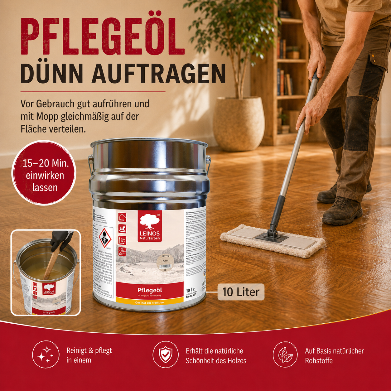 LEINOS 285 Pflegeöl 002 farblos 10 Liter | Zur Behandlung aller geölten und gewachsten Flächen wie Holz, Kork und Linoleum im Innenbereich |