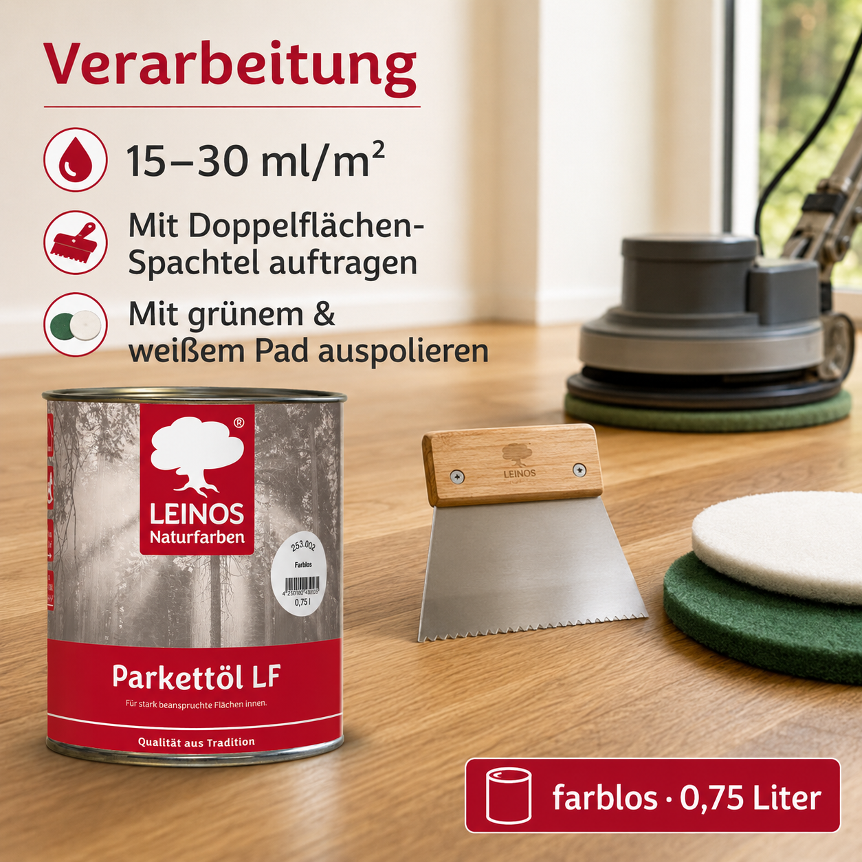 LEINOS Parkettöl LF 253 farblos 0,75 L – Lösemittelfreies Naturöl für Holzfußböden, offenporig & atmungsaktiv, schützt Parkett, Dielen & Massivholz im Innenbereich, betont die natürliche Maserung
