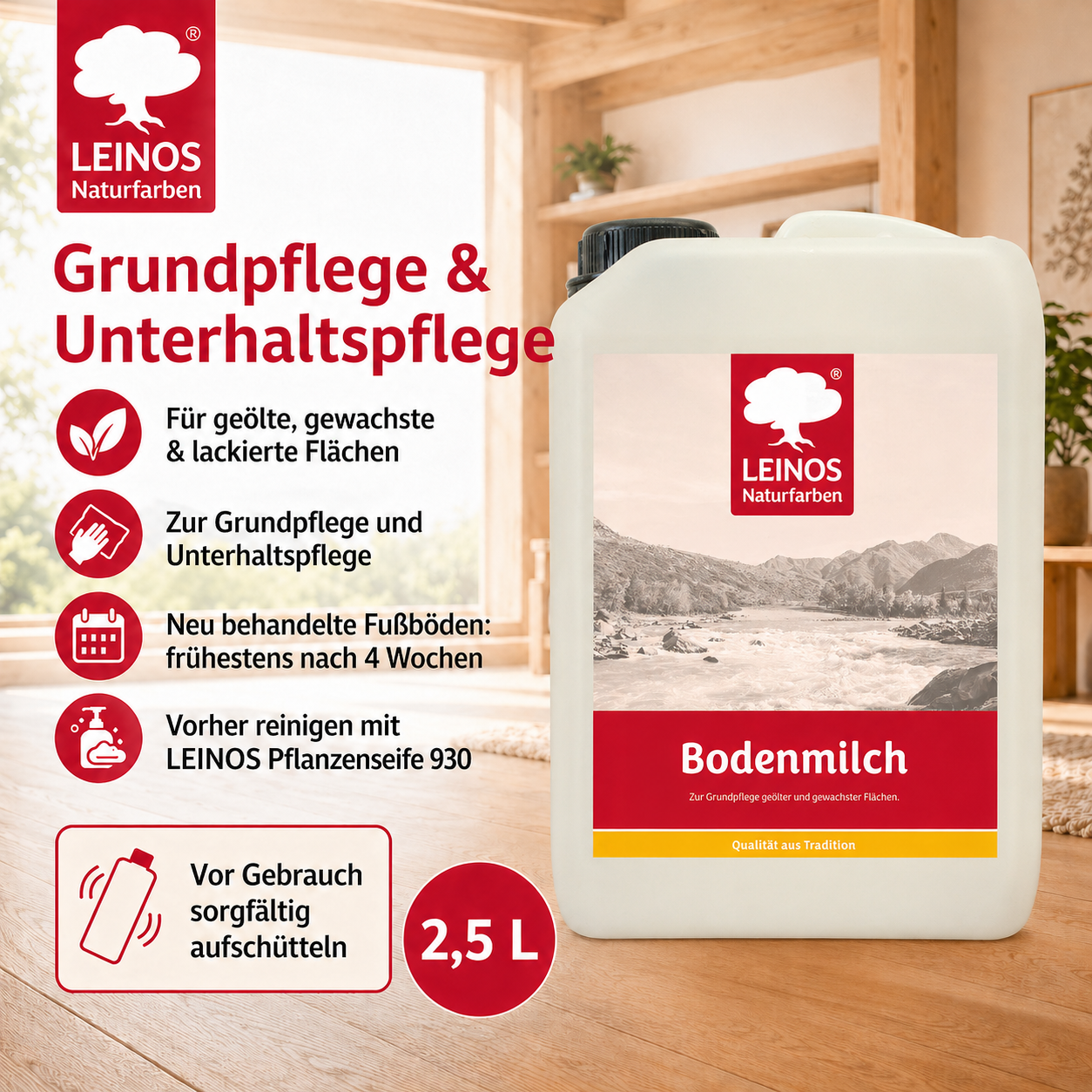 LEINOS 920 Bodenmilch 2,5 Liter | Pflegemittel für geölte, gewachste und lackierte Fußböden | Holz, Kork und Linoleum | ergibt seidenglänzende Oberfläche