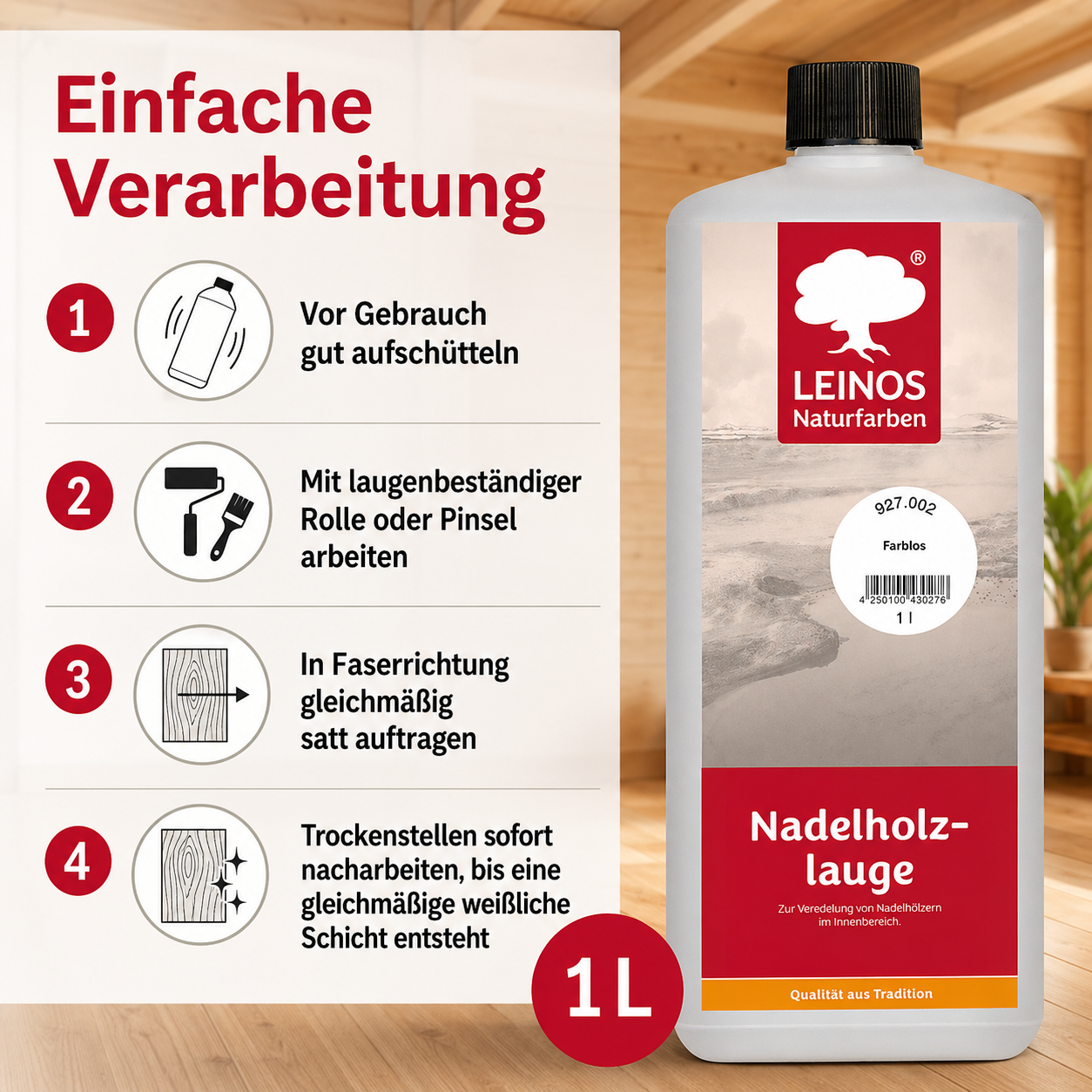 LEINOS 927 Nadelholzlauge 1,00 l Farblos | Zur Veredelung von Nadelhölzern im Innenbereich | für Fußböden, Wände, Decken, Türen, Möbel