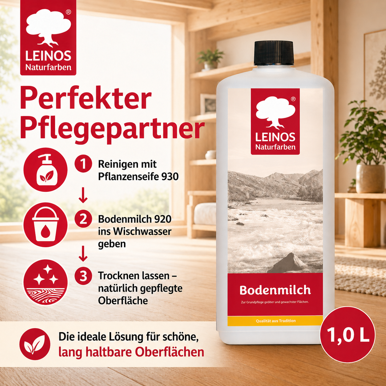 LEINOS 920 Bodenmilch 1 Liter | Pflegemittel für geölte, gewachste und lackierte Fußböden | Holz, Kork und Linoleum | ergibt seidenglänzende Oberfläche