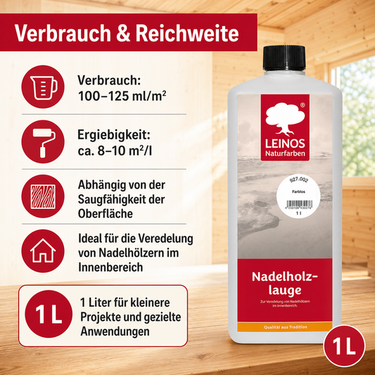 LEINOS 927 Nadelholzlauge 1,00 l Farblos | Zur Veredelung von Nadelhölzern im Innenbereich | für Fußböden, Wände, Decken, Türen, Möbel
