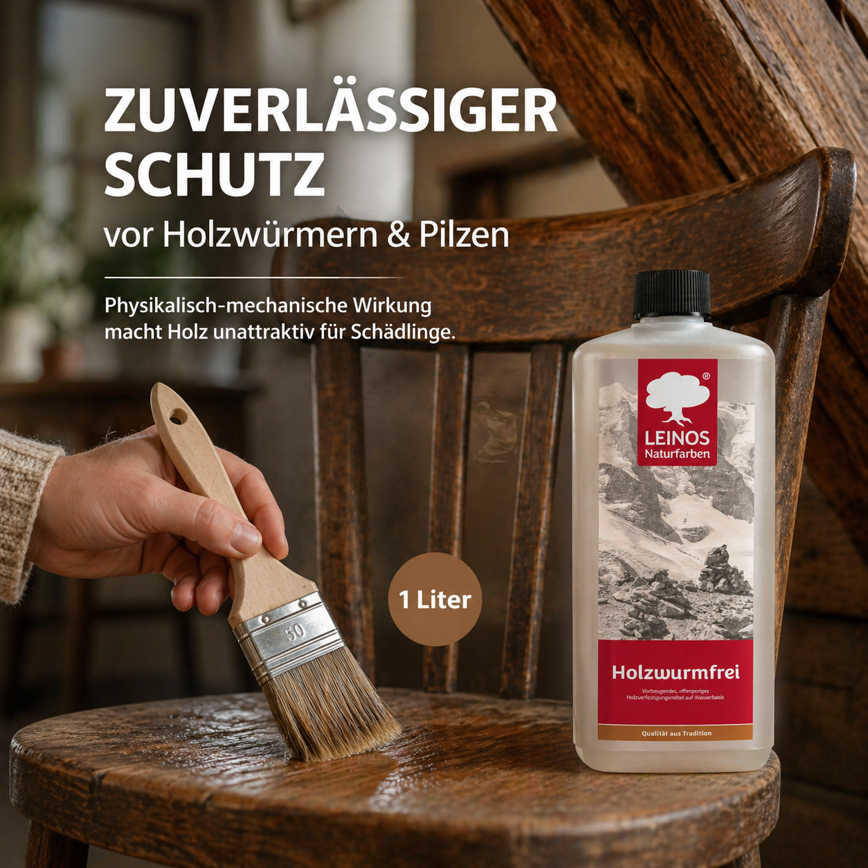 LEINOS Holzwurmfrei 130 |1 Liter | Holzschutz gegen Insekten- & Pilzbefall | Für Innen, überdachten Außenbereich & Feuchträume | Holzverfestiger mit physikalisch-mechanischer Wirkung