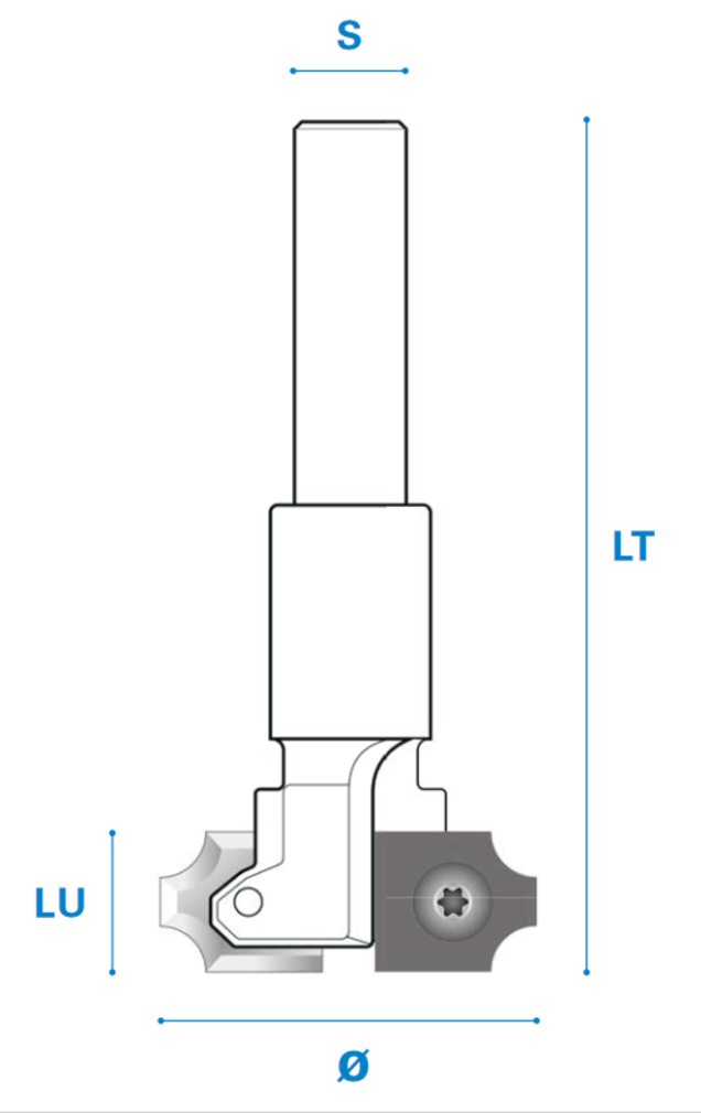 Fase/Viertelstabfräser mit Wechselplatten aus Hartmetall, Rechtslauf, Schneide 2, Arbeitslänge 15 mm, Gesamtlänge 100 mm, Schaft 16 mm, Ø 41 mm