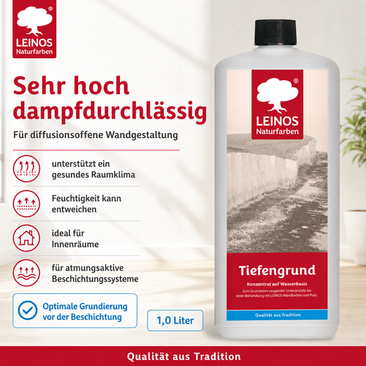LEINOS Tiefengrund 620/ 1 Liter – natürliche Grundierung für stark saugende Untergründe | Transparent, hoch dampfdurchlässig | Vorbereitung für Wandfarbe & Putz | 1L reicht für bis zu 25 m²
