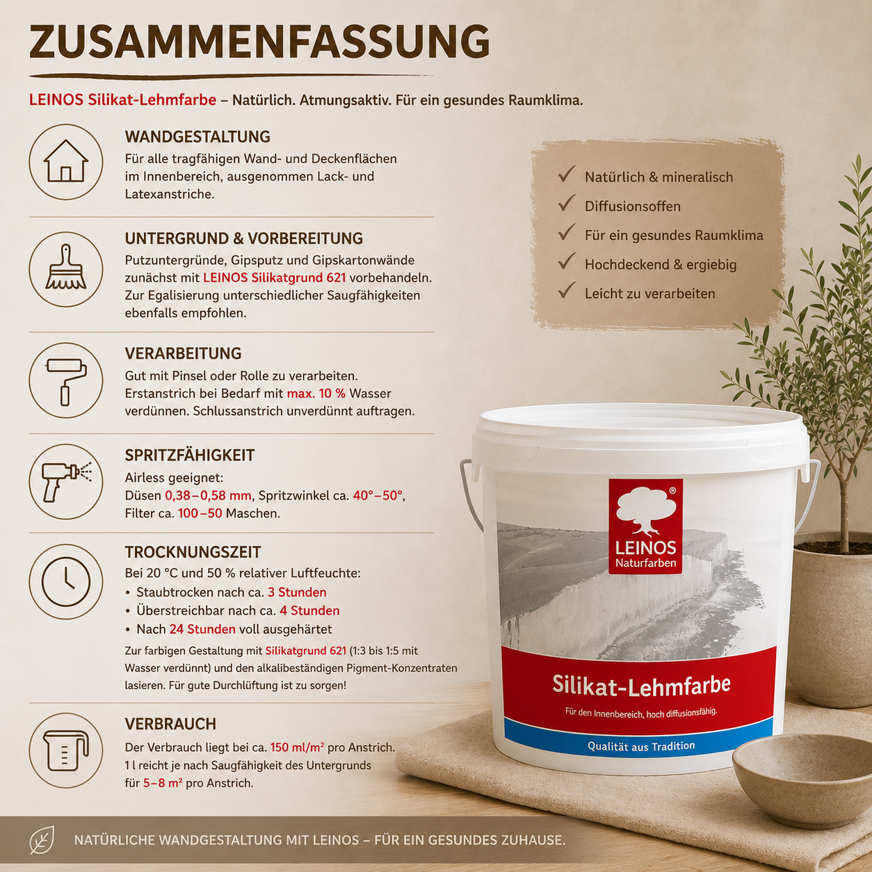 LEINOS Silikat-Lehmfarbe 689, naturweiß – Hochdeckende Wandfarbe für Innen, atmungsaktiv, lösemittelfrei, diffusionsoffen, geruchsarm, vegan, ideal für Lehmputz, Kalkputz, Putz – 10 L