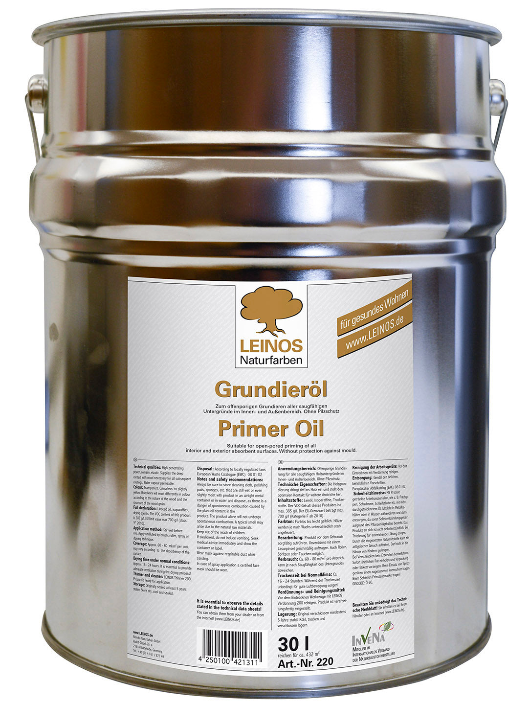 LEINOS Grundieröl 30 l – offenporige Holzgrundierung farblos, tief eindringend, lösemittelarm; für saugfähiges Holz innen & außen, ohne UV-/Pilzschutz, ideal für wenig beanspruchte Flächen