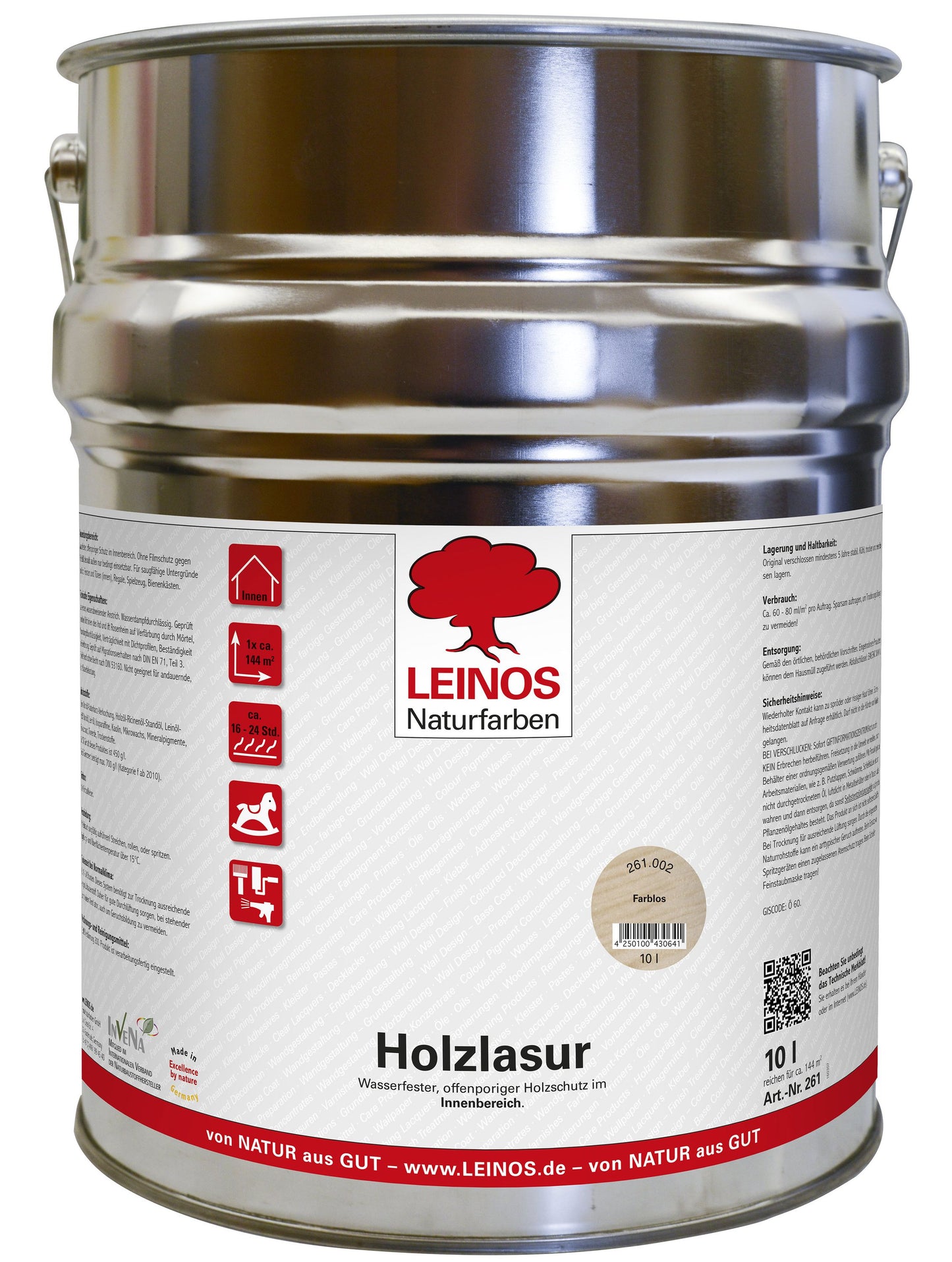 LEINOS 261 Holzlasur für Innen 002 Farblos 10 l – dekorative, offenporige Holzbeschichtung | wasserabweisend & dampfdurchlässig | für Möbel, Spielzeug, Türen, Regale | speichel- & schweißecht