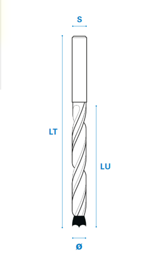 Dübelbohrer aus Hartmetall, Rechtslauf, Schneide 2/V2, Arbeitslänge 70 mm, Gesamtlänge 110 mm, Schaft 7 mm, Ø 7 mm