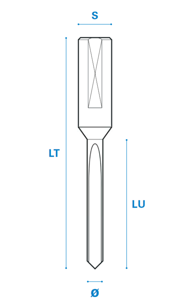 Dübelbohrer 90° aus Vollhartmetall - Schneide 1, 90° - Rechtslauf/Linkslauf, Arbeitslänge 35 mm, Gesamtlänge 70 mm, Schaft 10X30 mm, Ø 5 mm