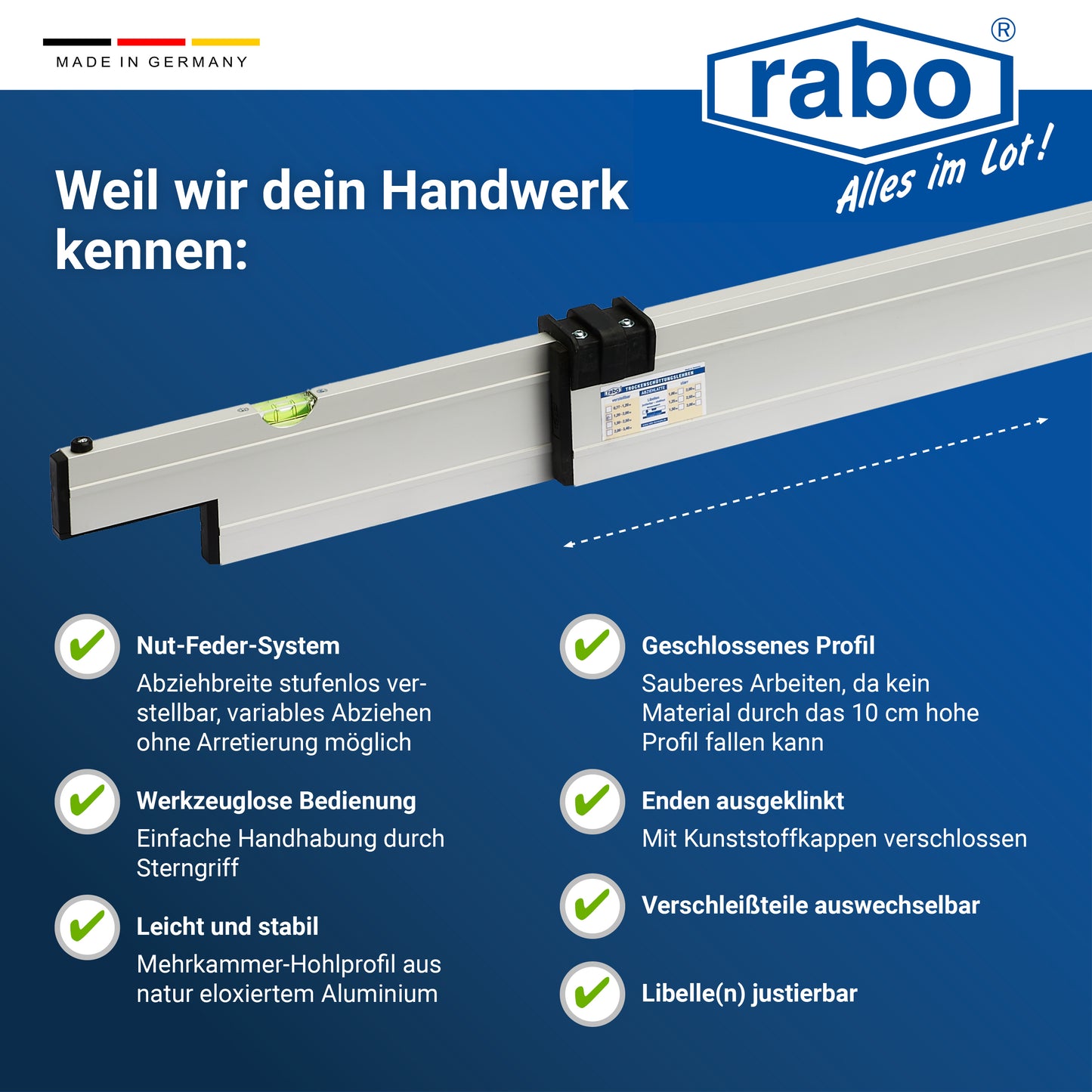 rabo Trockenschüttungslehre 5-teilig | 2 Grundschienen 1,25m und 2,50m | 1 verstellbare Abziehlatte 1,50-2,50m | Varia-A Set