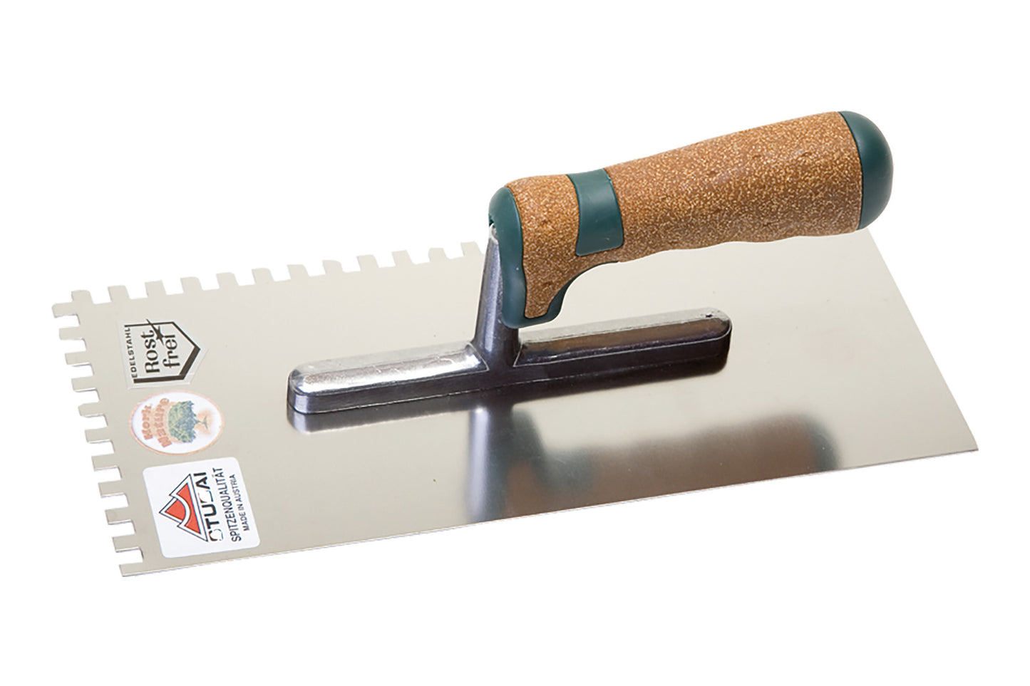 STUBAI Glättekelle Zahnung 6 mm | Serie Kork | 280 × 130 mm | federharter Edelstahl, rostfrei | Alu-Steg & Korkgriff | Modell 4336 | Gewicht: 340 g | 2-seitig gezahnt | Profi-Handwerkzeug