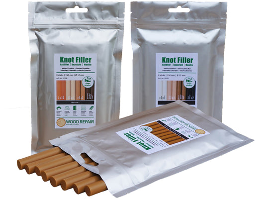 STUBAI/WOOD REPAIR Astfüller Set 150 mm 8 Stäbe Ø12 mm 2x Ast 2x Kiefer 2x Eiche 2x Mahagoni für Holzreparatur Möbel Fenster Rahmen UV-beständig wetterfest Innen Außen langlebig reparieren