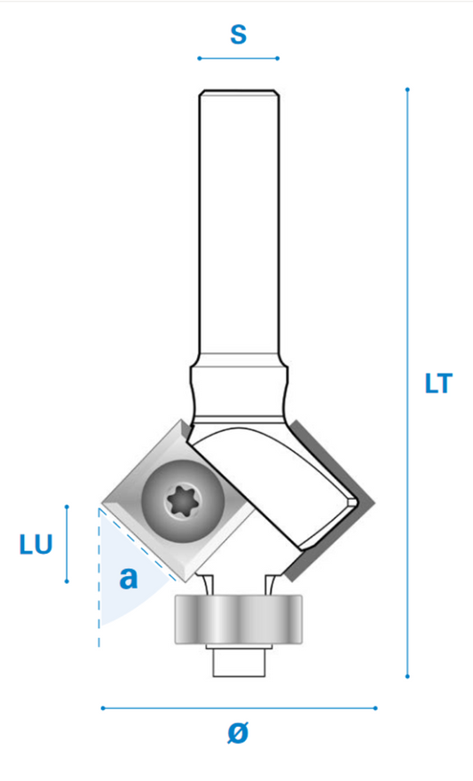 Fasefräser mit Kugellager und Wendemesser aus Hartmetall, Rechtslauf, Schneide 2, Winkel 45°, Arbeitslänge 7 mm, Gesamtlänge 60 mm, Schaft 8 x 30 mm, Ø 29 mm, optional Ersatzwendemesser 12x12x1,5°
