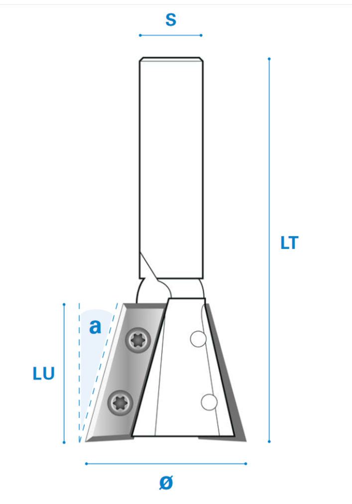 15° Zinkenfräser mit Wendemesser aus Hartmetall, Rechtslauf, Schneide 2, Arbeitslänge 24 mm, Gesamtlänge 70 mm, Schaft 12 mm, Ø 28 mm