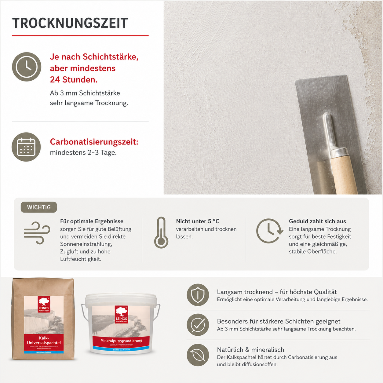 LEINOS Kalk-Universalspachtel 683, weiß – Mineralische Spachtelmasse für Wand & Decke innen, atmungsaktiv, schimmelhemmend, lösemittelfrei, glättbar & strukturierbar, auf Putz, Lehm, Gips – 20 kg