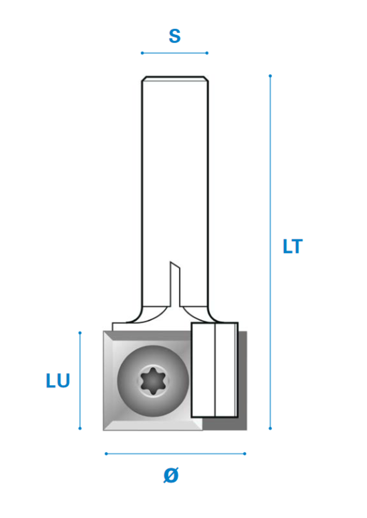 Wendeplatten Bündigfräser aus Hartmetall - Rechtslauf, Schneide 2, Arbeitslänge 30 mm, Gesamtlänge 62 mm, Schaft 12 mm, Ø 19 mm