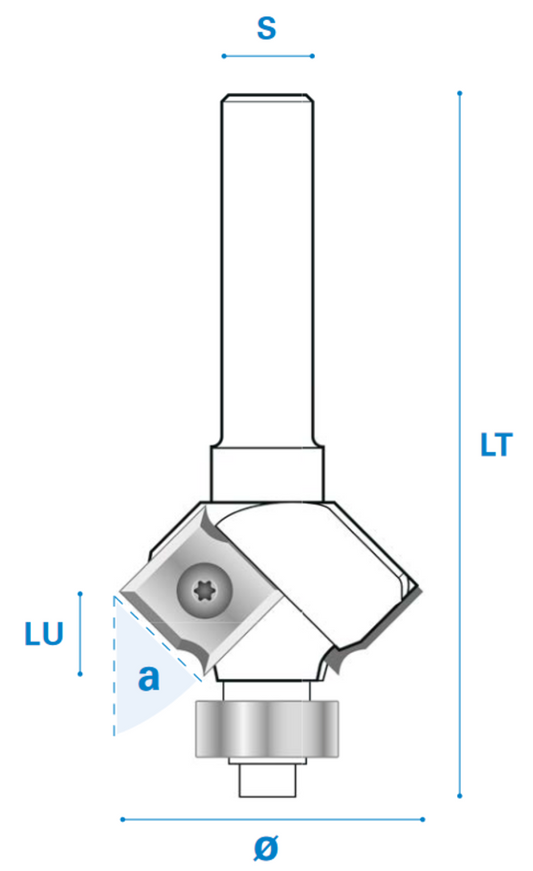 Fase/Viertelstabfräser mit Wendemesser und Kugellager aus Hartmetall, Rechtslauf, Schneide 2, 45°, Arbeitslänge 8,3 mm, Gesamtlänge 60 mm, Schaft 8 mm, Ø 29 mm