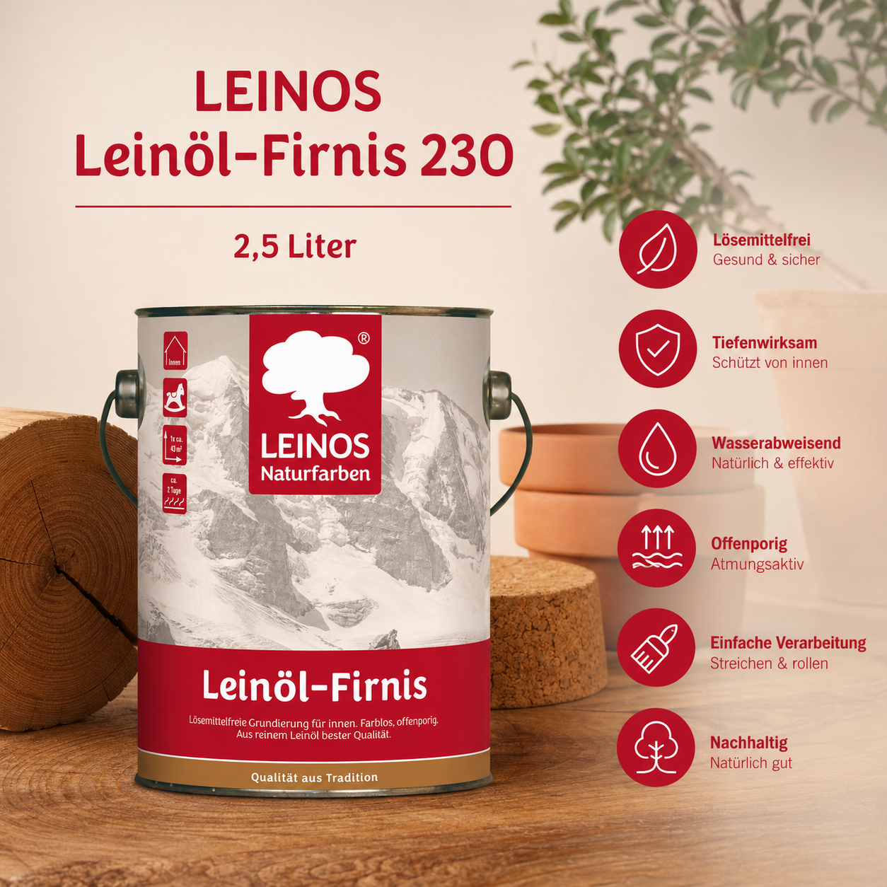 LEINOS Leinöl-Firnis 230 – 2,5 L offenporige Grundierung für stark saugende Untergründe innen wie Hirnholzparkett, Kork, Terracotta – ohne Filmschutz für außen – lösemittelfrei