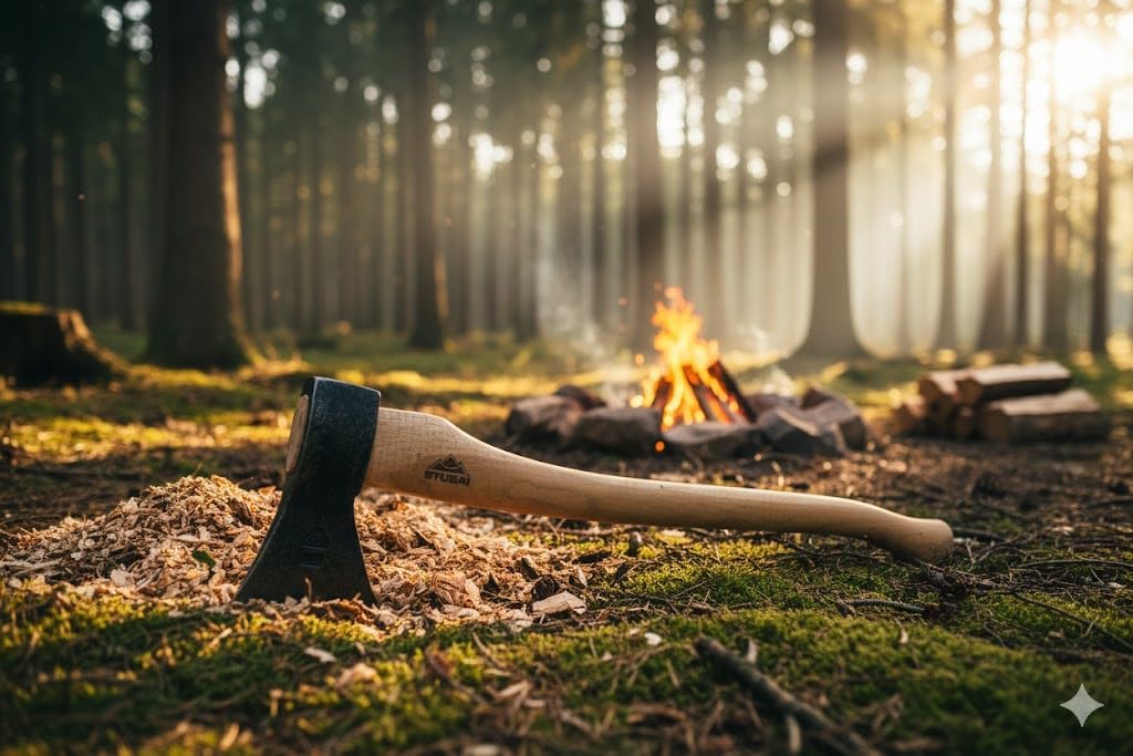 STUBAI Campingaxt „Zuckerhütl“ 1.650 g – Handgeschmiedet aus Kohlenstoffstahl, 650 mm Länge, geölter Hickorystiel, inkl. Lederscheide – Für Outdoor, Bushcraft, Survival, Trekking, Waldarbeiten