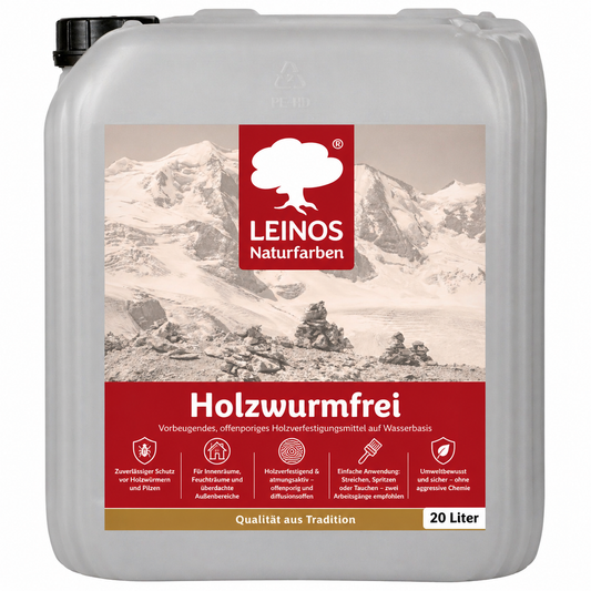LEINOS Holzwurmfrei 130 | 20 Liter Holzschutz gegen Insekten- & Pilzbefall | Für Innen, überdachten Außenbereich & Feuchträume | Holzverfestiger mit physikalisch-mechanischer Wirkung