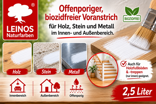 LEINOS Vorstreichfarbe 810 | 2,5 Liter | hochwertige Haftgrundierung für Holz, Metall, Glasfasertapeten | schnelltrocknend, biozidfrei & umweltfreundlich | weiß matt, offenporig, für Innen- und Außenanwendungen