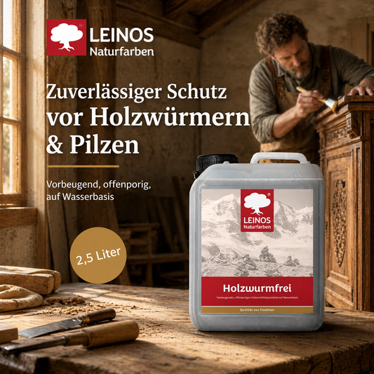 LEINOS Holzwurmfrei 2,5 Liter | schützt Holz durch physikalisch-mechanische Wirkung vor Pilz- Insektenbefall | vorbeugendes, offenporiges Holzverfestigungsmittel,