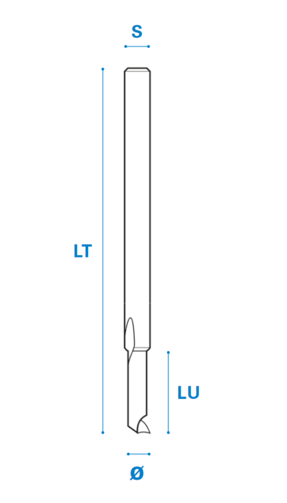 Einzahnfräser für Plastik und Plexiglas aus Vollhartmetall, Rechtslauf, Schneide 1, Positiv, Arbeitslänge 32 mm, Gesamtlänge 80 mm, Schaft 10 mm, Ø 10 mm