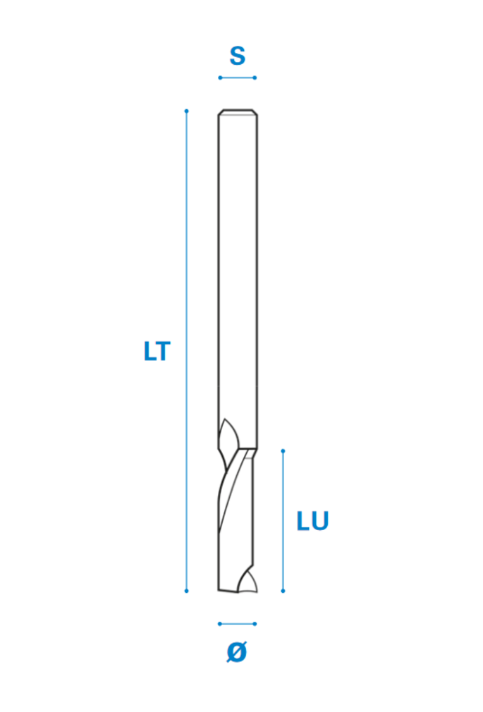 Einzahnfräser für Alu aus Vollhartmetall, Rechtslauf, Schneide 1, Positiv, Arbeitslänge 32 mm, Gesamtlänge 80 mm, Schaft 8 mm, Ø 8 mm