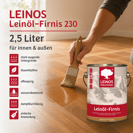 LEINOS Leinöl-Firnis 230 – 2,5 L offenporige Grundierung für stark saugende Untergründe innen wie Hirnholzparkett, Kork, Terracotta – ohne Filmschutz für außen – lösemittelfrei