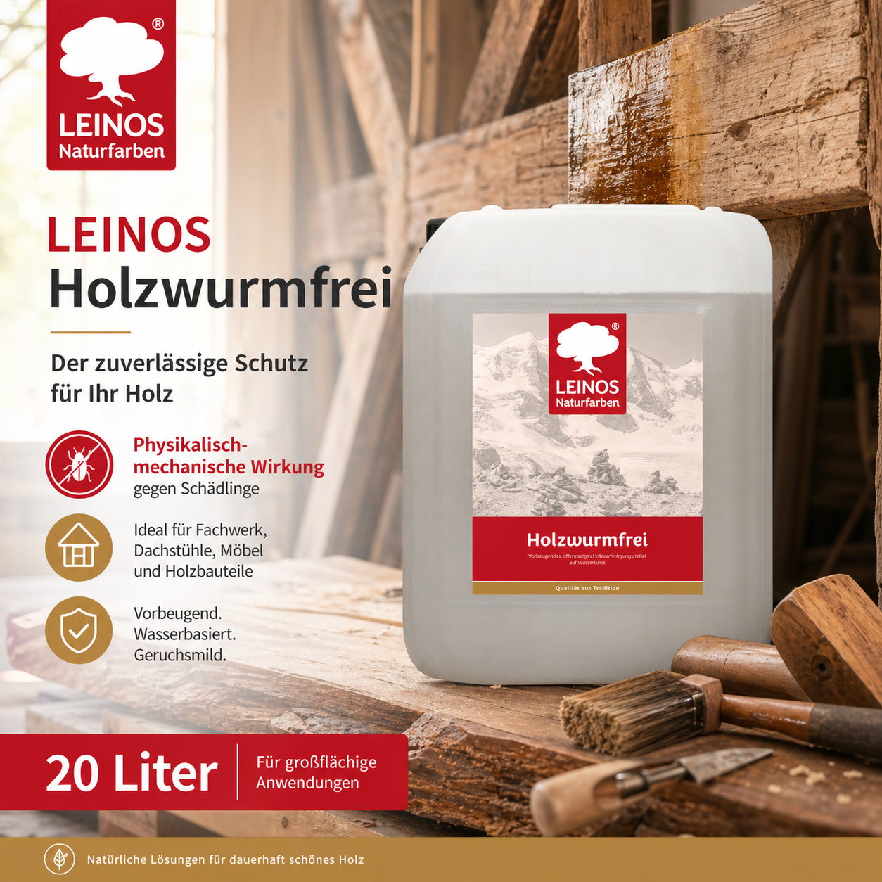 LEINOS Holzwurmfrei 130 | 20 Liter Holzschutz gegen Insekten- & Pilzbefall | Für Innen, überdachten Außenbereich & Feuchträume | Holzverfestiger mit physikalisch-mechanischer Wirkung