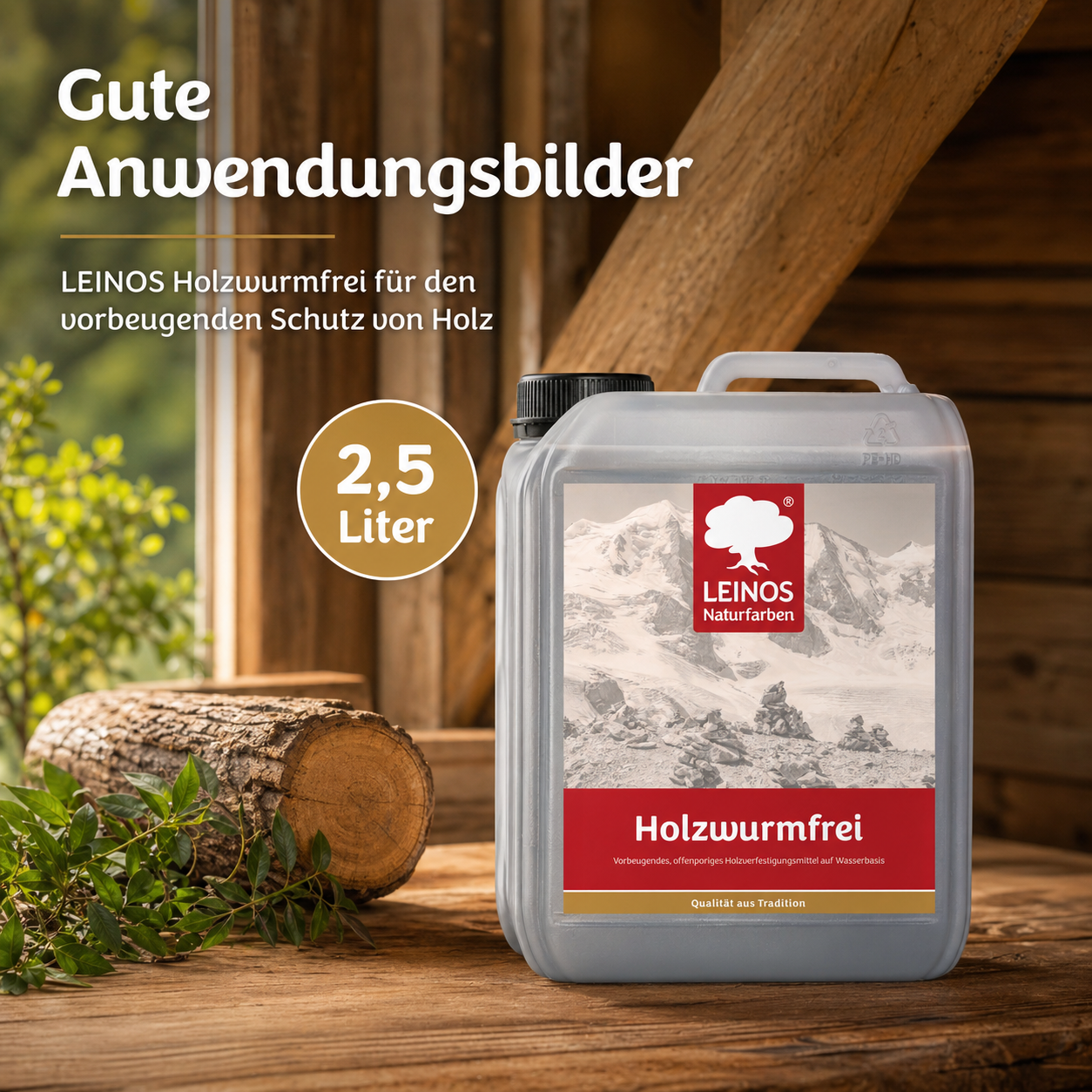 LEINOS Holzwurmfrei 2,5 Liter | schützt Holz durch physikalisch-mechanische Wirkung vor Pilz- Insektenbefall | vorbeugendes, offenporiges Holzverfestigungsmittel,