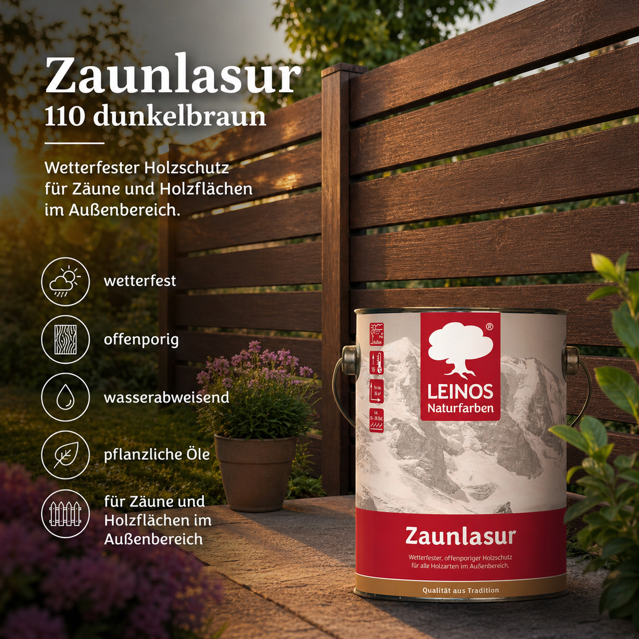 LEINOS Zaunlasur 110 dunkelbraun – wetterfeste Holzlasur für außen, offenporiger Holzschutz, wasserabweisend & atmungsaktiv, 2,5 l für bis zu 36 m² dunkelbraun