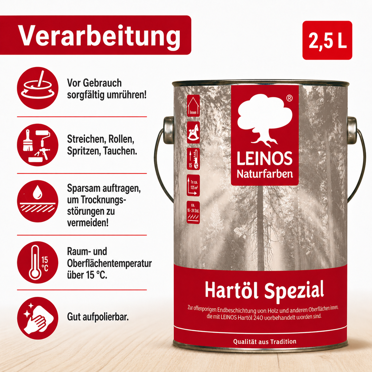 Leinos 245 Hartöl Spezial für Innen 2,5 l Für stark strapazierte Flächen wie Fußböden und für den anspruchsvollen Möbelbau Hervorragende Polierfähigkeit