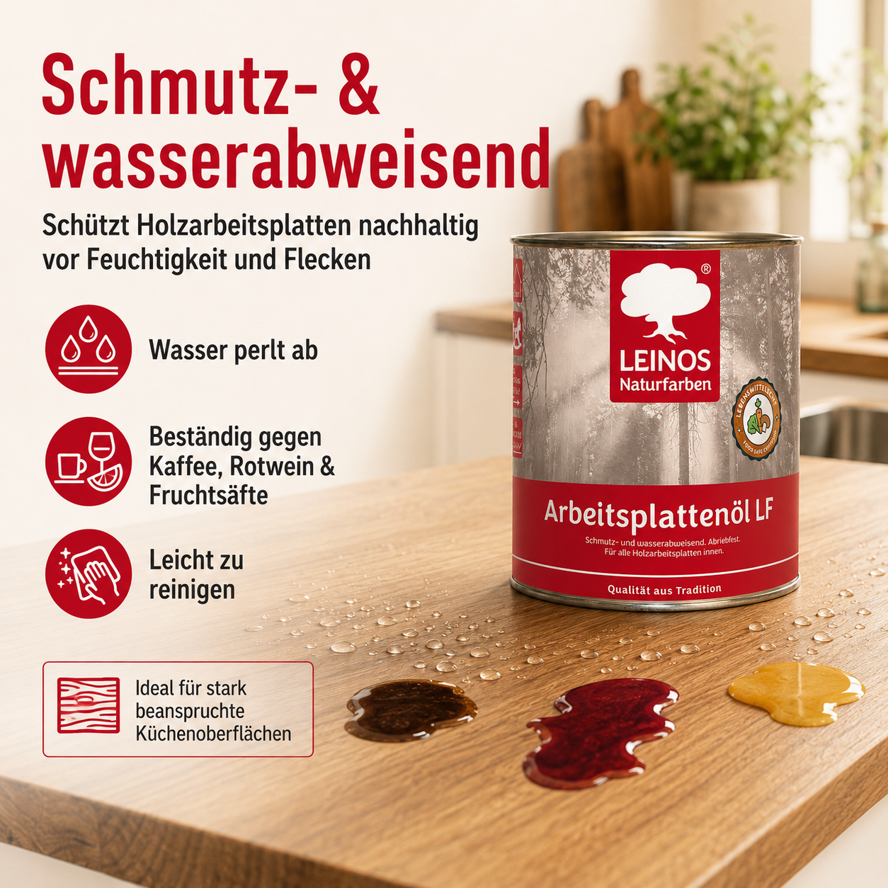 Arbeitsplattenöl 0,75 L | lebensmittelecht & speichelfrei nach EN 71-3 | schmutz-, wasser- & fettabweisend | Öl-Harz-Rezeptur ohne Film | für Holz-Küchenplatten, Schneidebretter, Tische & Kinderspielzeug