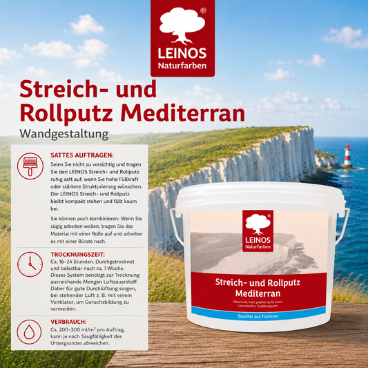 LEINOS Streich- und Rollputz mediterran 680, weiß – Dekorativer Strukturputz für Innen, lösemittelfrei, atmungsaktiv, gebrauchsfertig, mediterrane Optik, auf Lehm, Kalk, Putz, Altanstrich – 10Liter