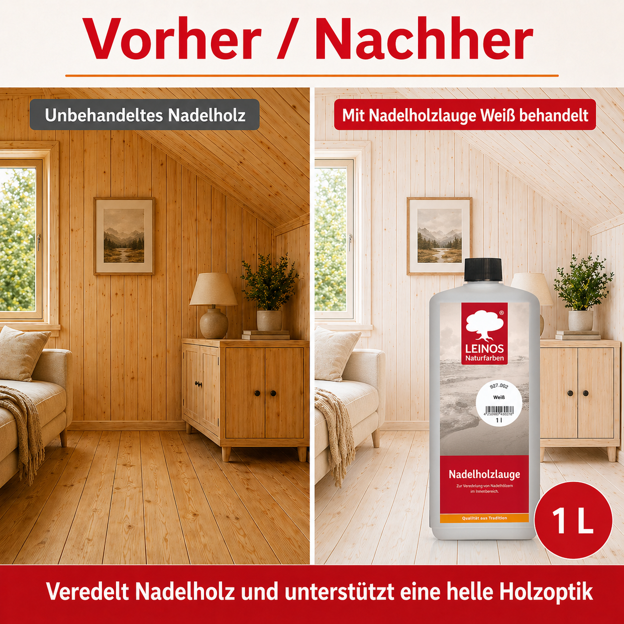 LEINOS 927 Nadelholzlauge 1,00 l weiss | Zur Veredelung von Nadelhölzern im Innenbereich | für Fußböden, Wände, Decken, Türen, Möbel