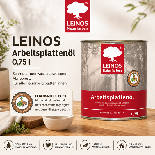 LEINOS 280 Arbeitsplattenöl für Innen 0,75 l | Imprägnierung von Küchenarbeitsplatten, Möbeloberflächen und Kinderspielzeug aus Holz. | speziell Küchenbereich