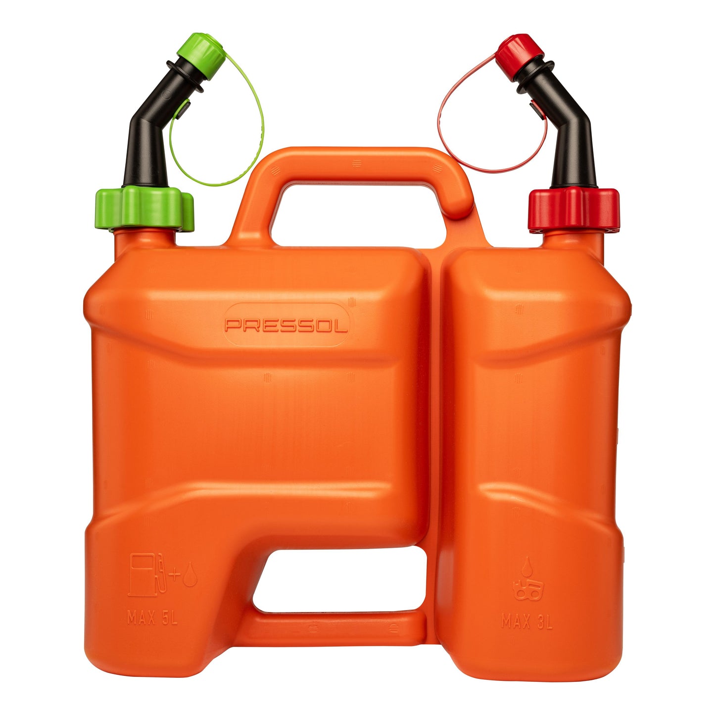 Pressol Kombi-Kraftstoffkanister-5l+3l, PE-Auslaufrohr | 5 Liter Kraftstoff | 3 Liter Kettenöl | HDPE (Polyethylen hoher Dichte) | Farbe Orange