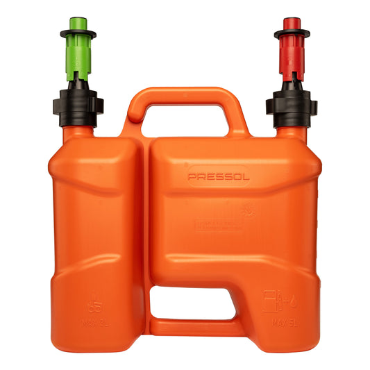 Pressol Kombi-Kraftstoffkanister-5l+3l, PE-Auto-Füllstopp-Auslauf | 5 Liter Kraftstoff | 3 Liter Kettenöl | HDPE (Polyethylen hoher Dichte) | Farbe Orange