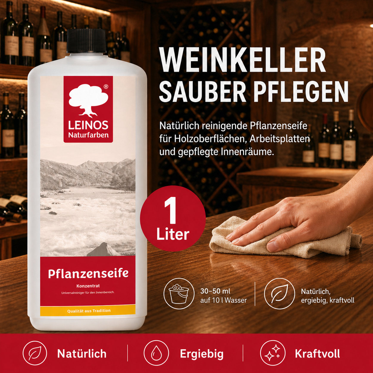 Leinos-Pflanzenseife 930 1 Liter Naturseife – Rückfettender Universalreiniger aus Pflanzenölen für geölte, gewachste & lackierte Flächen – natürlich, ergiebig & biologisch abbaubar