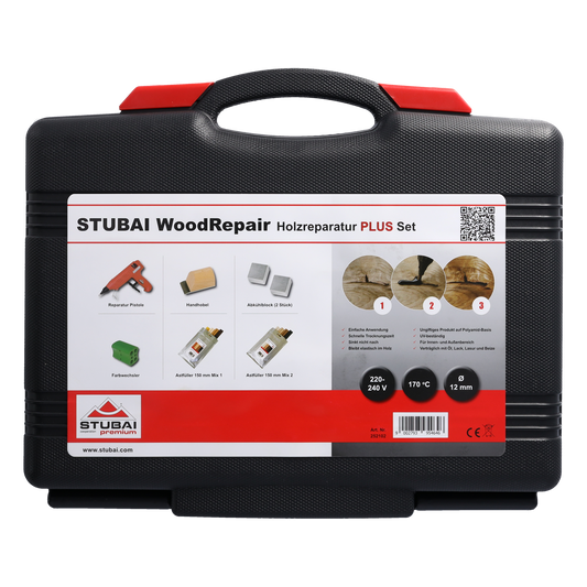 STUBAI WoodRepair Holzreparatur Satz PLUS+ mit Astfüller-Pistole 80W, Kompaktbeutel Mix 1+2, Kühleisen, Handhobel & Farbwechsler