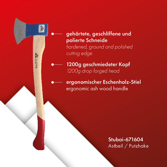 Astbeil / Putzhacke 6716 | breite Form, schlanke Schneide, geschmiedet & poliert | 1200 g Kopfgewicht | Eschenholzstiel geschweift | Schneidenschutz | zum Fällen & Entasten | von STUBAI