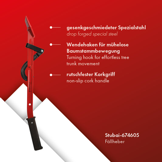 STUBAI Fällheber mit Wendehaken 80 cm Länge, geschmiedet aus Spezialstahl, ergonomischer Korkgriff, Forstwerkzeug zum Drehen & Fällen von Bäumen, FPA-zertifiziert, rot, rückenschonend, 80 cm Länge