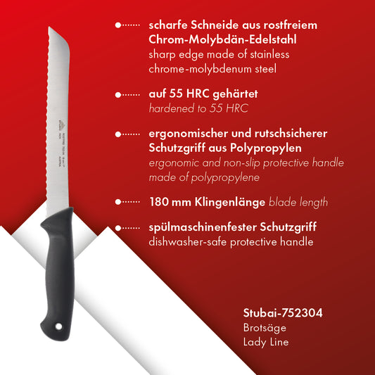 STUBAI hochwertiges Brotmesser | 180 mm | Brotsäge mit Wellenschliff Lady Line aus Edelstahl für müheloses Schneiden von Brot, Kuchen & Backwaren, rostfrei, spülmaschinenfest