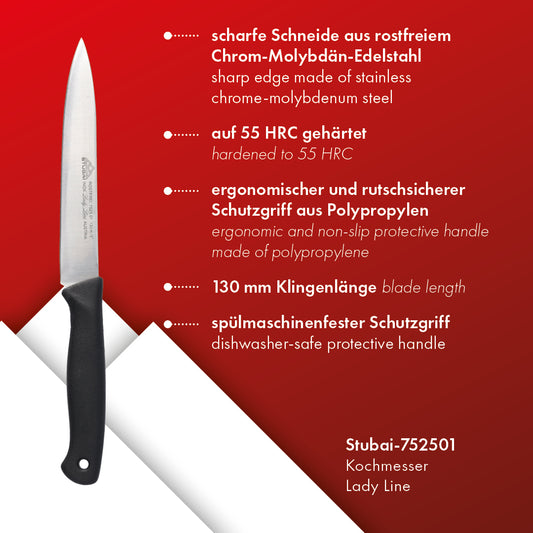 STUBAI hochwertiges Kochmesser Mittelspitz | 130 mm | Küchenmesser Lady Line aus Edelstahl für Schneiden von Fleisch, Gemüse, Obst & Lebensmitteln, rostfrei, spülmaschinenfest