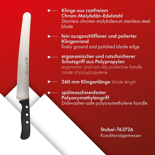 STUBAI hochwertiges Konditorsägemesser 260 mm | Konditormesser mit Wellenschliff aus Edelstahl für müheloses Schneiden von Torten, Kuchen, Brot & Backwaren, spülmaschinenfest, Konditorei