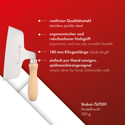 STUBAI Nudelhackl 120 g – Nudelmesser aus rostfreiem Edelstahl mit Holzgriff, traditioneller Nudelschneider für Teigwaren, Nudelhacker für hausgemachte Pasta, Spätzle und Knöpfle