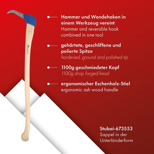 STUBAI Sappie Unterländer-Form mit Zahnung | 1100 g Kopfgewicht | Sappel mit Eschenholz-Stiel | gesenkgeschmiedet, Spitze gehärtet, geschliffen, poliert | zum Ziehen und Bewegen von Holzstücken